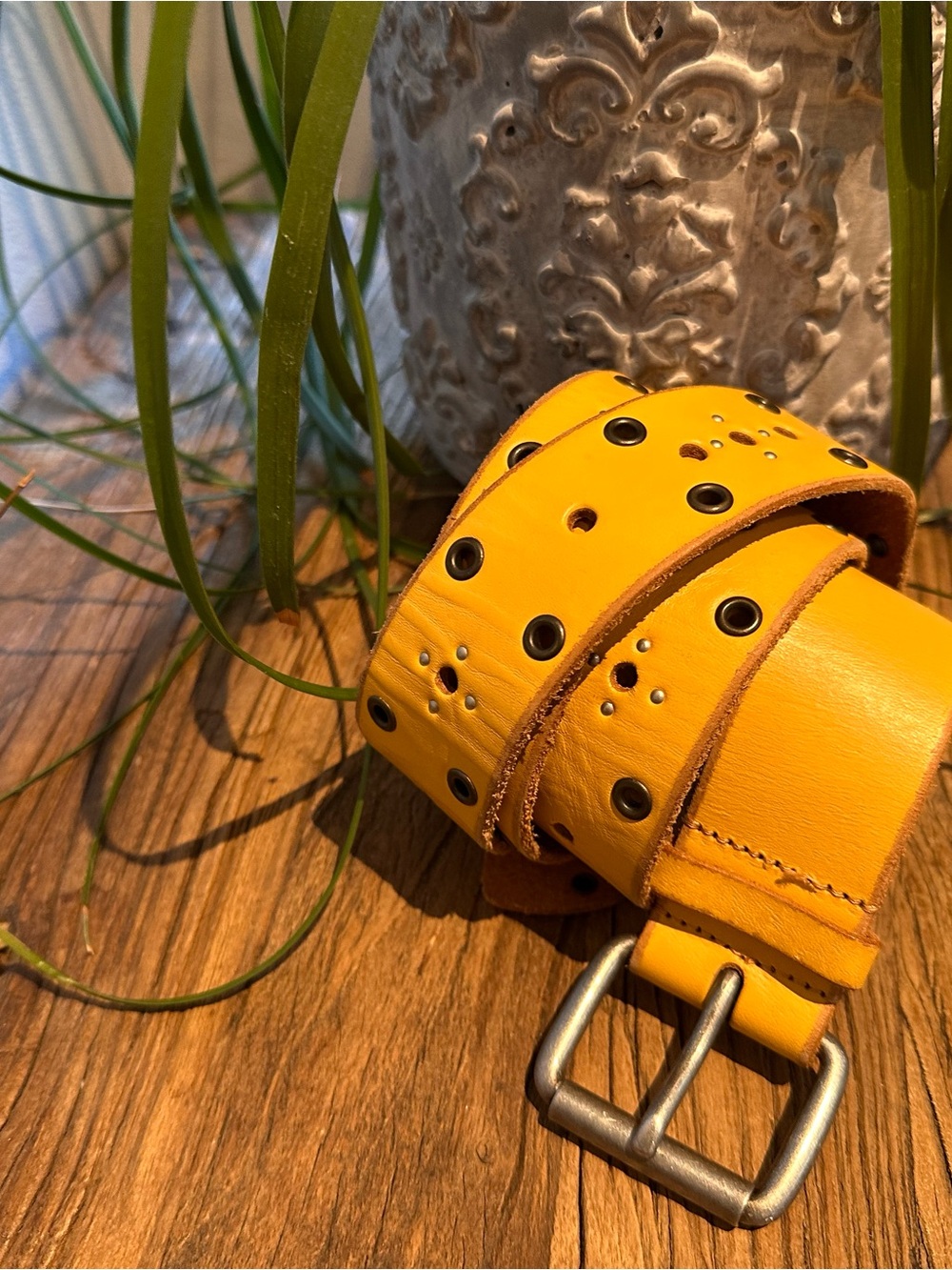 Yellow Leather Grommet Belt for Women
